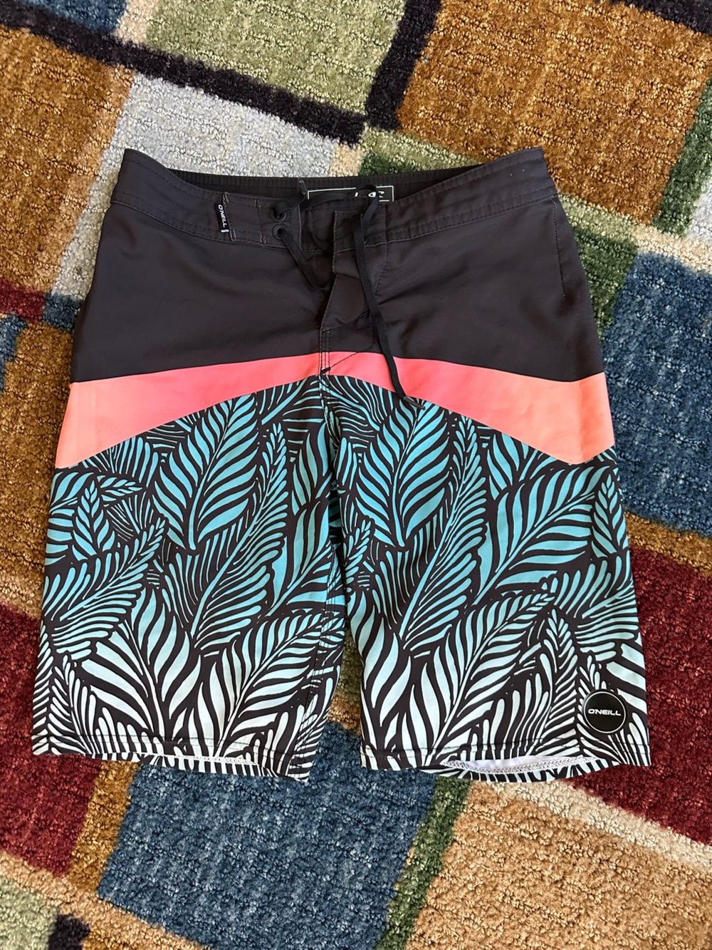 O'Neill Black, Aqua & Coral Kids Swim Trunks with Palm Leaf Print